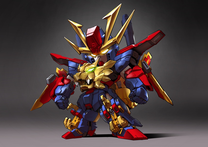 absurdres arms_at_sides chibi chinese_commentary clenched_hands commentary_request full_body glowing glowing_eyes gundam gundam_build_fighters gundam_build_fighters_try gundam_tryon_3 highres looking_at_viewer making-of_available mecha mecha_focus no_humans robot science_fiction sd_gundam solo standing super_robot v-fin yellow_eyes zakuma