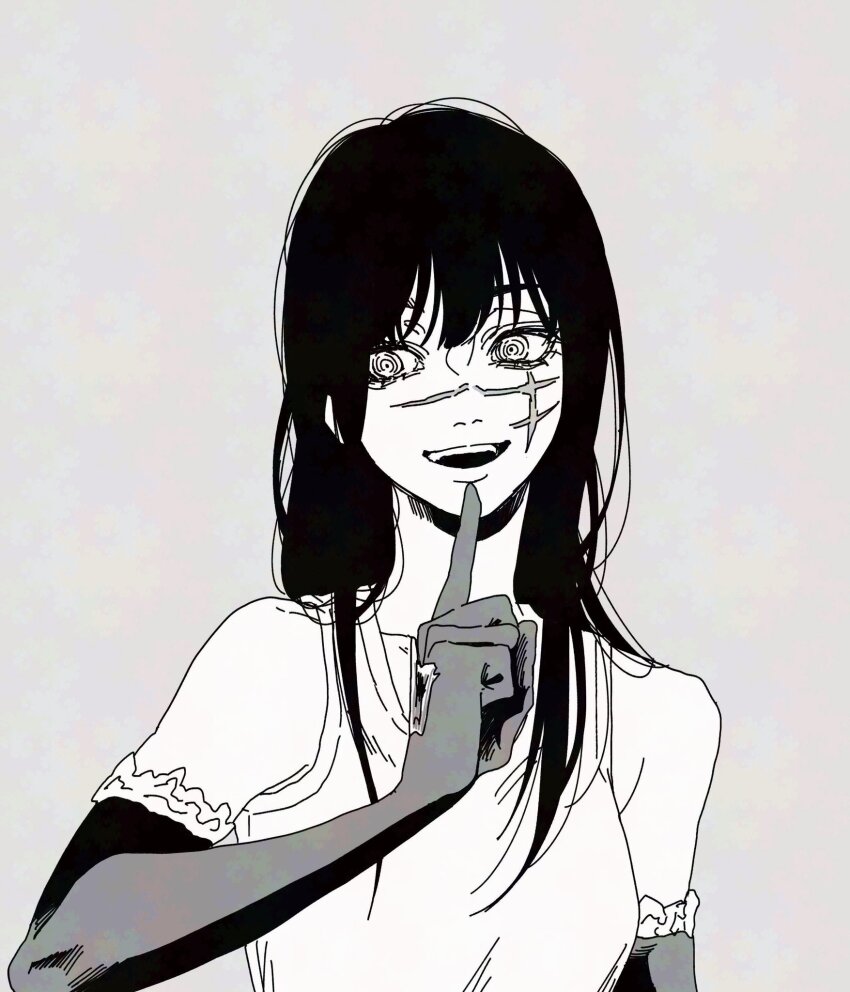 1girl chainsaw_man elbow_gloves facial_scar gloves greyscale haru_rice highres index_finger_raised long_hair monochrome open_mouth ringed_eyes scar scar_on_cheek scar_on_face solo tank_top teeth upper_teeth_only yoru_(chainsaw_man)
