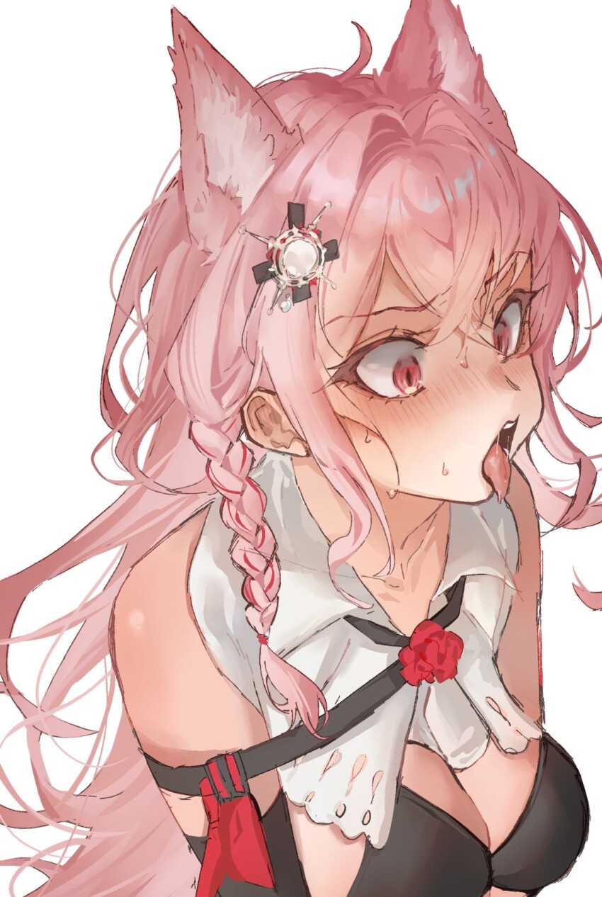 1girl animal_ears arknights bare_shoulders braid breasts cleavage commentary_request hair_ornament highres kaguura_(kagu) medium_breasts open_mouth pink_eyes pink_hair pozyomka_(arknights) simple_background solo tongue tongue_out upper_body white_background wolf_ears