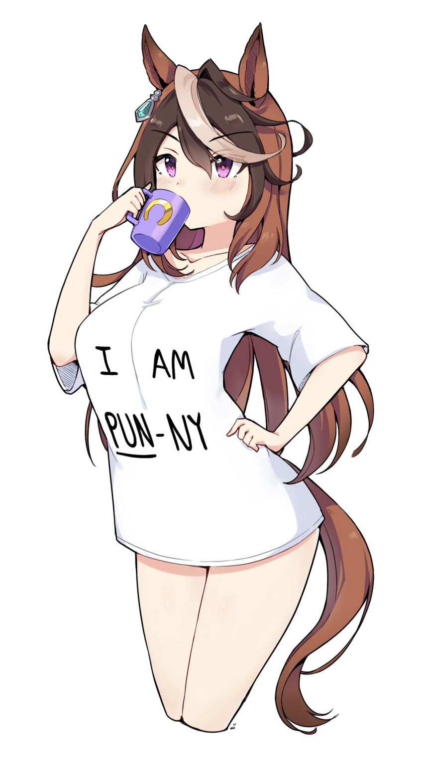 1girl animal_ears blush breasts brown_hair collarbone cup drinking earrings hair_between_eyes highres holding holding_cup horse_ears horse_girl horse_tail jewelry large_breasts long_hair mug multicolored_hair no_pants pun purple_eyes shirt simple_background single_earring streaked_hair symboli_rudolf_(umamusume) tail ukichan22905846 umamusume white_background white_hair white_shirt