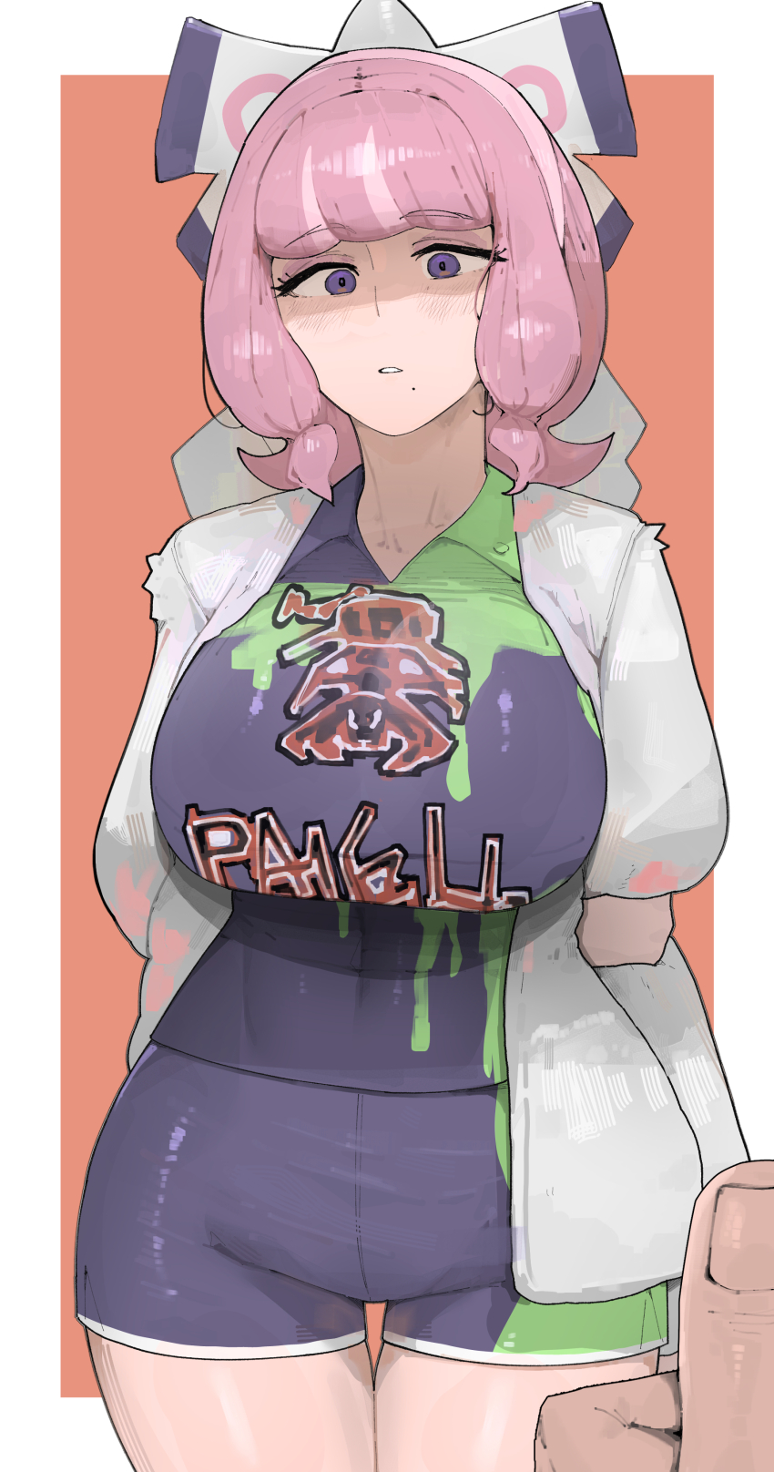 1girl absurdres azz0422 bow breasts coat creatures_(company) drill_hair eyeshadow flipped_hair fur_coat game_freak hair_bow hairband highres jacket klara_(pokemon) makeup mole mole_under_mouth nintendo pink_eyeshadow pink_hair pokemon pokemon_swsh print_shirt print_shorts purple_eyes shirt short_hair shorts side_slit side_slit_shorts solo twin_drills white_bow white_hairband