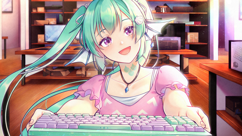 1girl :d a.cat absurdres aqua_hair casual collarbone commentary computer_keyboard earrings english_commentary finana_ryugu fins game_cg head_fins head_tilt highres holding_computer_keyboard jewelry lazulight light_blush looking_at_viewer necklace nijisanji nijisanji_en open_mouth pink_shirt purple_eyes scales shell_hair_ornament shirt single_earring smile solo twintails virtual_youtuber