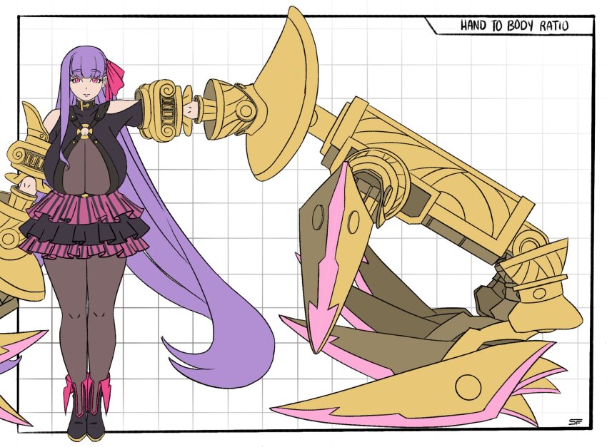 1girl ankle_boots arm_out_of_frame arm_up bare_shoulders boots bow breasts choker claws english_text fate/grand_order fate_(series) full_body grid_background hair_bow hanging_breasts highres huge_breasts long_hair looking_at_viewer mechanical_arms o-ring o-ring_top outside_border pantyhose passionlip_(fate) pink_bow pink_eyes purple_hair reference_sheet shirofujo signature single_sidelock very_long_hair