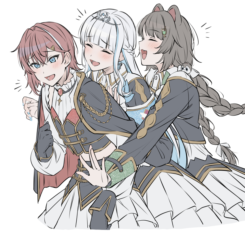 3girls :d ^_^ aiguillette ange_katrina animal_ears animal_hair_ornament armband black_cape black_gloves black_jacket black_shirt black_skirt black_sleeve_cuffs blue_armband blue_eyes blue_hair blue_nails blunt_bangs blush bow braid brown_hair cape closed_eyes colored_inner_hair commentary_request crossed_bangs cup_hair_ornament dog_ears earrings fang flat_chest front-to-back gem gloves gold_trim green_sleeve_cuffs hair_between_eyes hair_bow hair_intakes hair_ornament half_up_braid hand_on_another&#039;s_back highres inui_toko jacket jewelry layered_shirt layered_skirt lize_helesta long_hair long_sleeves low_twin_braids midriff multicolored_hair multiple_girls nail_polish natukirai030 nijisanji notice_lines open_mouth red_gemstone red_hair sanbaka_(nijisanji) sanbaka_anniversary_outfit shirt short_hair side_cape sidelocks silver_tiara simple_background skirt smile streaked_hair triangle_hair_ornament twin_braids two-tone_hair very_long_hair virtual_youtuber white_background white_bow white_hair white_shirt white_skirt