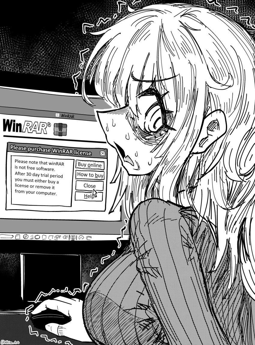 1girl ^^^ at_computer blush breasts commentary cursor english_commentary english_text fang from_side frown greyscale highres large_breasts long_hair long_sleeves looking_back mimi_(nhim) monitor monochrome nervous nervous_sweating nhim open_mouth original skin_fang solo sweat sweater trembling upper_body user_interface white_hair winrar worried