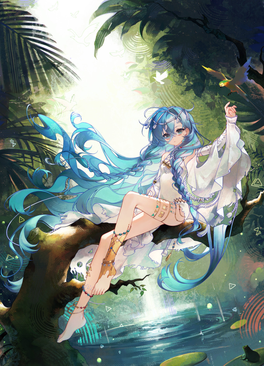 1girl 37_(down_in_the_grotto)_(reverse:1999) 37_(reverse:1999) absurdres anklet arm_up bare_shoulders barefoot bird blue_eyes blue_hair cape chenshuimozhounia detached_sleeves dutch_angle floating_hair forest frog full_body hair_between_eyes hair_ornament hand_up highres jewelry leg_tattoo lily_pad long_hair nature official_alternate_costume on_branch one-piece_swimsuit outdoors parted_lips reverse:1999 ripples sitting sky solo swimsuit tattoo tree triangle very_long_hair water white_cape white_one-piece_swimsuit white_sky wide_sleeves