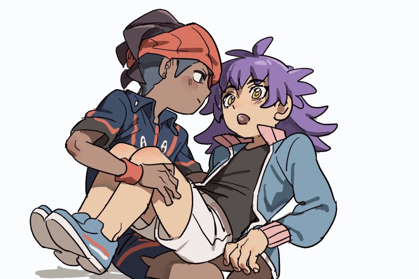 2boys :o aged_down blush ch_walnut closed_mouth collared_shirt commentary_request earrings eye_contact hand_on_another&#039;s_leg headband highres jacket jewelry korean_commentary leon_(pokemon) looking_at_another male_focus multiple_boys nintendo open_clothes open_jacket open_mouth orange_headband pokemon pokemon_(anime) pokemon_journeys purple_hair raihan_(pokemon) shadow shirt shoes short_hair shorts sitting sitting_on_lap sitting_on_person undercut white_background wristband yellow_eyes yellow_pupils