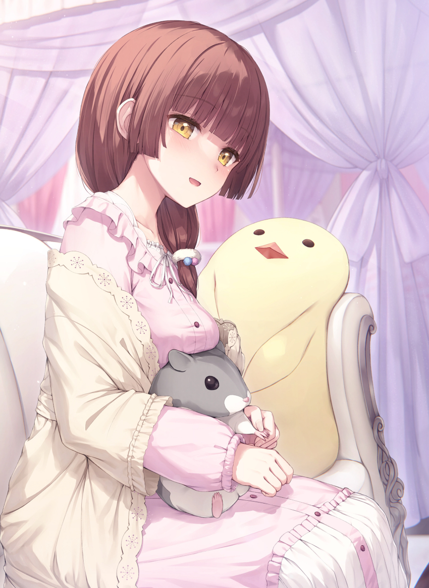 1girl :d bed breasts brown_eyes brown_hair brown_jacket canopy_bed couch curtains dress frilled_dress frills highres hugging_object indoors jacket layered_sleeves lingerie long_hair long_sleeves medium_breasts negligee on_couch open_mouth original pink_dress puffy_long_sleeves puffy_sleeves sitting smile solo stuffed_animal stuffed_bird stuffed_hamster stuffed_toy tsuchikure underwear