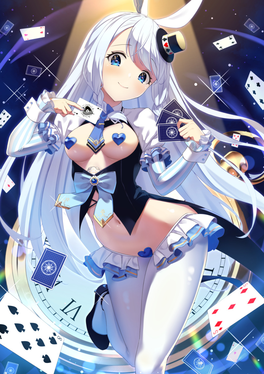 1girl ace_(playing_card) ace_of_spades ankle_strap between_breasts black_footwear blue_eyes braid breasts card clock closed_mouth coattails commentary_request contrapposto dot_nose eight_of_clubs five_of_diamonds forehead frilled_skirt frills gem head_tilt heart_maebari heart_pasties high_heels highres holding holding_card leotard long_hair looking_at_viewer low_twintails maebari medium_breasts meme_attire miniskirt navel necktie necktie_between_breasts original pantyhose parted_bangs pasties playboy_bunny playing_card puffy_short_sleeves puffy_sleeves reverse_bunnysuit reverse_outfit shadow shinko_gunsei short_sleeves shrug_(clothing) skirt smile solo spade_(shape) sparkle spotlight standing standing_on_one_leg striped_sleeves twin_braids twintails white_hair white_pantyhose