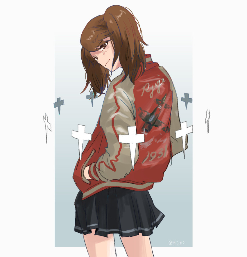 1girl alternate_costume black_skirt brown_eyes brown_hair closed_mouth clothes_writing hands_in_pockets highres jacket kantai_collection long_sleeves looking_at_viewer looking_back pleated_skirt ryuujou_(kancolle) shikigami simple_background skirt solo twintails twitter_username zippo_teifujou