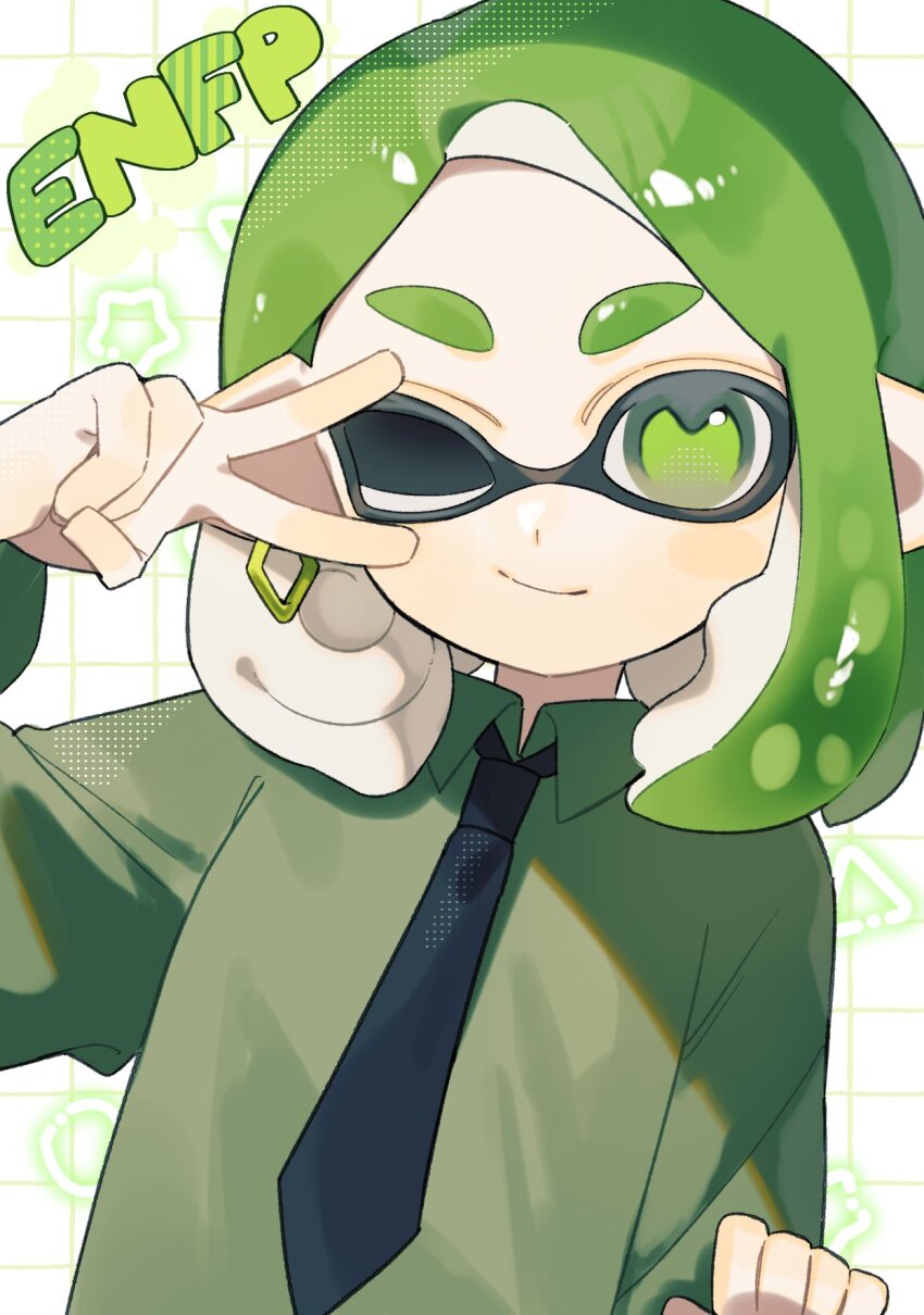16personalities 1girl alternate_species black_necktie campaigner_(16personalities) collared_shirt commentary green_eyes green_hair green_shirt grid_background highres inkling long_hair myers-briggs_type_indicator necktie nintendo one_eye_closed sabata_saba shirt solo splatoon_(series) splatoon_3 splatoonification standing symbol-only_commentary tentacle_hair thick_eyebrows v v_over_eye