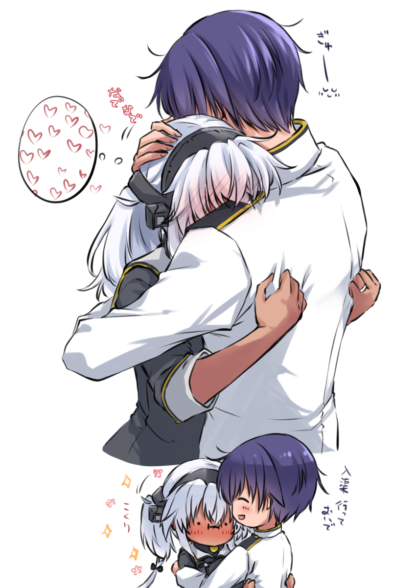 1boy 1girl admiral_(kancolle) blue_eyes dark-skinned_female dark_skin glasses grey_eyes headgear highres hug jewelry kantai_collection long_hair mashiro_yukiya military_uniform musashi_(kancolle) musashi_kai_ni_(kancolle) naval_uniform rectangular_eyewear ring short_hair upper_body wedding_ring