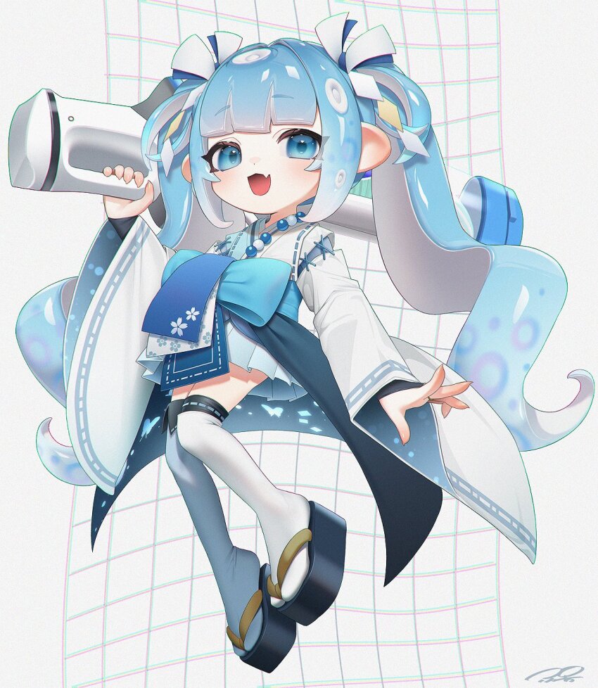 1girl :d blue_eyes blue_hair blue_ribbon commentary decavitator_(splatoon) detached_sleeves fang fingernails full_body hair_ribbon highres holding holding_weapon japanese_clothes kimono kimono_skirt long_hair long_sleeves looking_at_viewer nintendo octoling octoling_girl octoling_player_character okobo open_mouth platform_sandals puchiman ribbon ribbon-trimmed_thighhighs ribbon_trim sandals sharp_fingernails sidelocks signature skin_fang smile solo splatoon_(series) splatoon_3 symbol-only_commentary tentacle_hair thighhighs twintails two-tone_ribbon weapon white_kimono white_ribbon white_thighhighs wide_sleeves