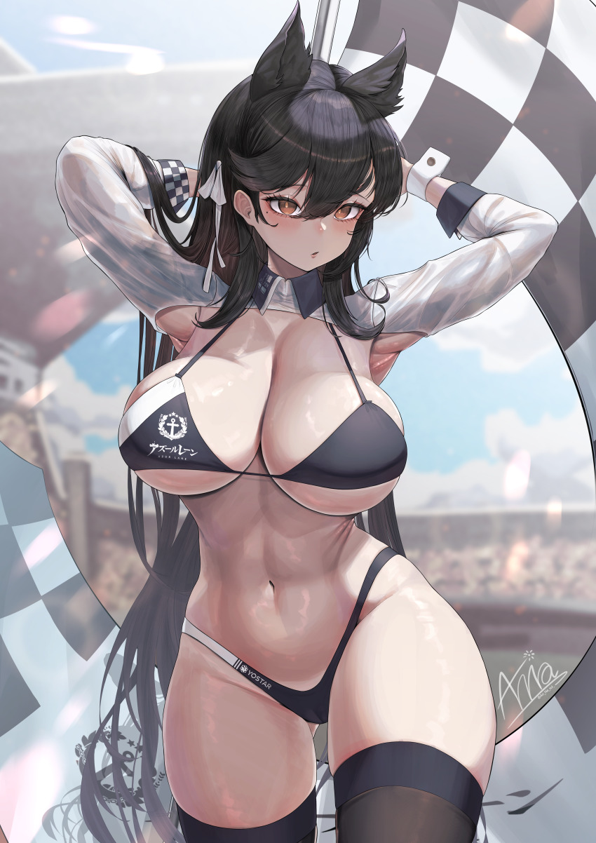 1girl absurdres animal_ear_fluff animal_ears annasui_factory atago_(azur_lane) atago_(stunning_speedster)_(azur_lane) azur_lane bikini black_bikini black_hair black_thighhighs blue_sky breasts brown_eyes cleavage flag highleg highleg_bikini highres holding holding_flag large_breasts long_hair looking_at_viewer navel race_queen shrug_(clothing) skindentation sky swimsuit thighhighs very_long_hair