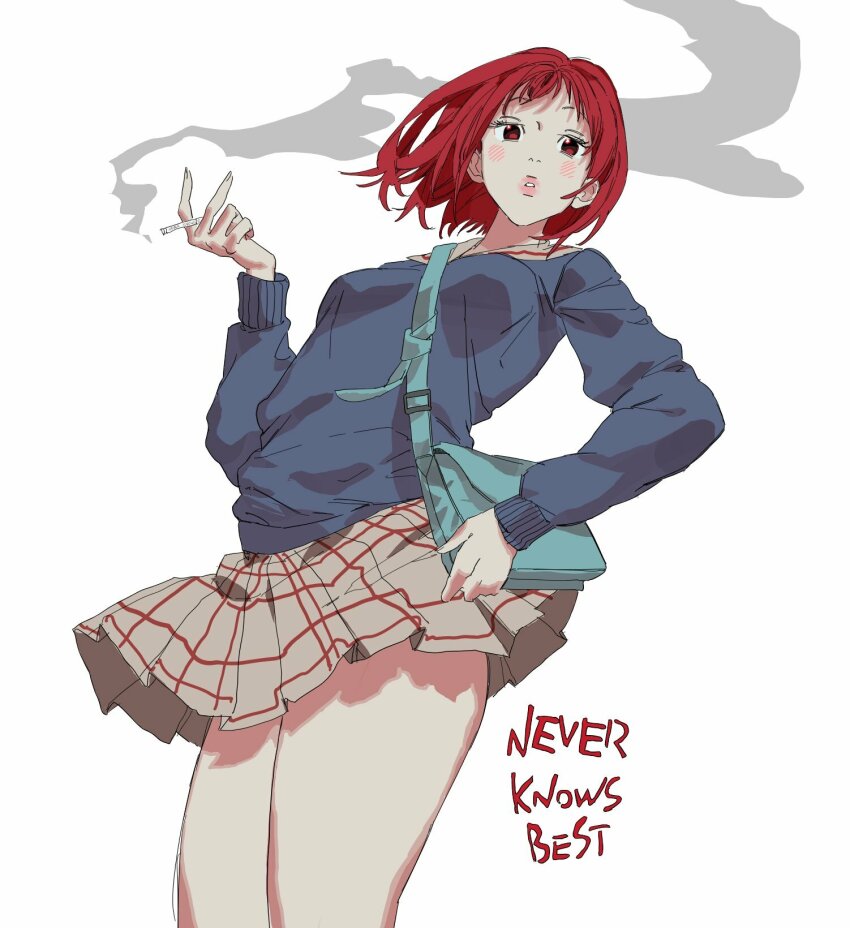 1girl artist_request bag blue_jacket blush breasts cigarette clothes_lift english_text feet_out_of_frame flcl green_bag grey_skirt highres holding holding_cigarette jacket looking_at_viewer medium_breasts pleated_skirt red_eyes red_hair samejima_mamimi school_uniform short_hair shoulder_bag skirt skirt_lift smoke solo thighs upper_body white_background