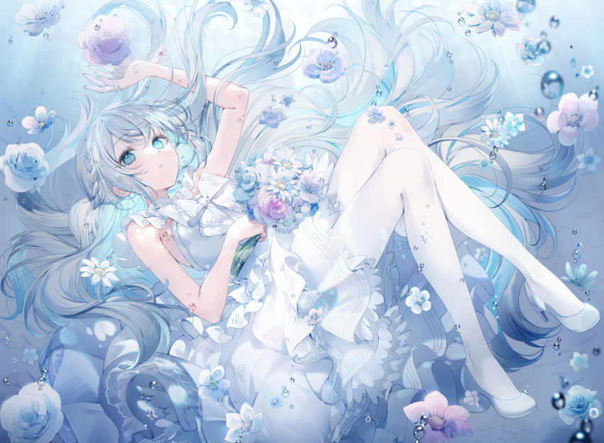 1girl a20_(atsumaru) air_bubble aitsuki_nakuru arm_up blue_eyes blue_hair bouquet bow bowtie bubble dress flower full_body grey_hair high_heels highres holding holding_bouquet la_priere long_hair multicolored_hair parted_lips sleeveless sleeveless_dress solo submerged two-tone_hair underwater very_long_hair white_bow white_bowtie white_dress white_flower white_footwear