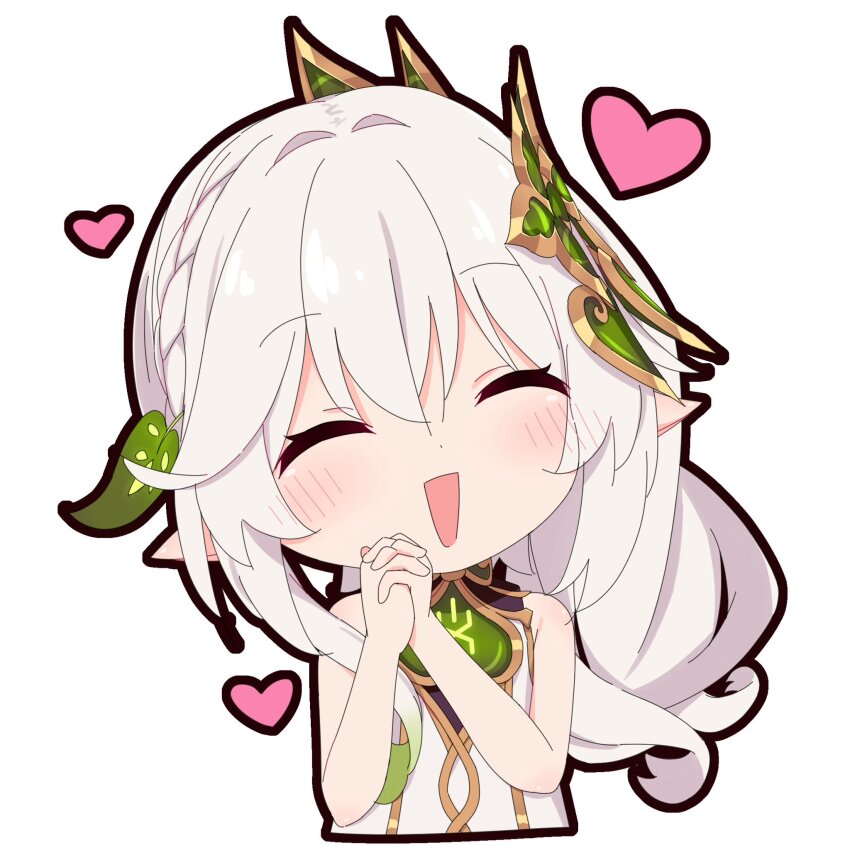 1girl ^_^ azbchan1221 bare_shoulders blush chibi chibi_only closed_eyes commentary cropped_torso genshin_impact gold_trim hair_between_eyes hair_ornament heart highres leaf_hair_ornament long_hair nahida_(genshin_impact) open_mouth own_hands_together pointy_ears simple_background sleeveless solo white_background white_hair