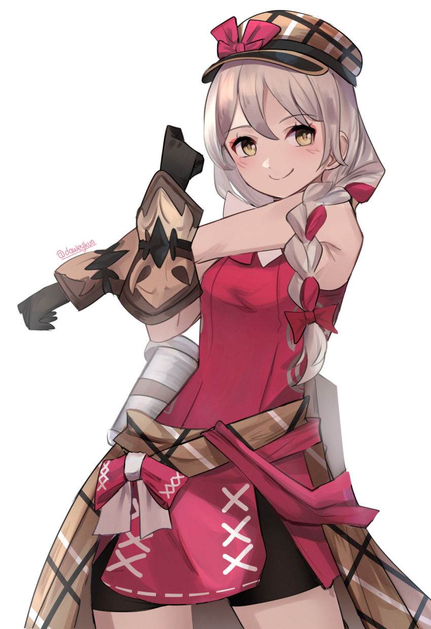 bare_shoulders black_gloves blonde_hair braid brown_scarf daweykun fire_emblem fire_emblem_engage flannel framme_(fire_emblem) gloves highres nintendo pink_hair plaid_clothes plaid_headwear scarf single_braid sleeveless wrist_guards yellow_eyes