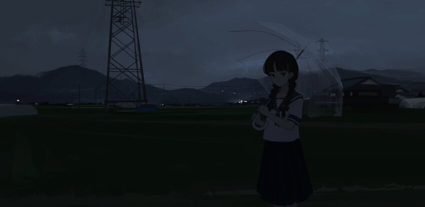 1girl black_eyes black_hair black_neckerchief black_sailor_collar black_skirt blunt_bangs braid closed_mouth dark dot_nose expressionless feet_out_of_frame field highres holding holding_umbrella house landscape long_hair long_skirt looking_at_viewer low_twin_braids mountainous_horizon nature neckerchief night original orval outdoors overcast pleated_skirt power_lines rural sailor_collar school_uniform serafuku shirt short_sleeves skirt sky solo transformer transparent transparent_umbrella twin_braids umbrella white_shirt