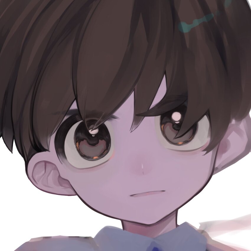 1boy brown_eyes brown_hair close-up closed_mouth commentary_request florian_(pokemon) hei_tai_(kyaputen1) looking_at_viewer male_focus nintendo pokemon pokemon_sv portrait shirt short_hair solo white_background