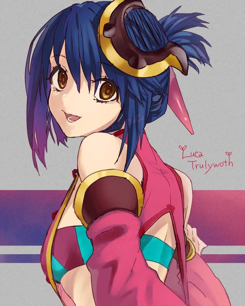 1girl :d ar_tonelico ar_tonelico_ii blue_hair character_name detached_sleeves folded_ponytail from_behind hair_ornament highres looking_at_viewer luca_truelywaath open_mouth ritsu_(r_litsuca) short_hair smile solo upper_body yellow_eyes