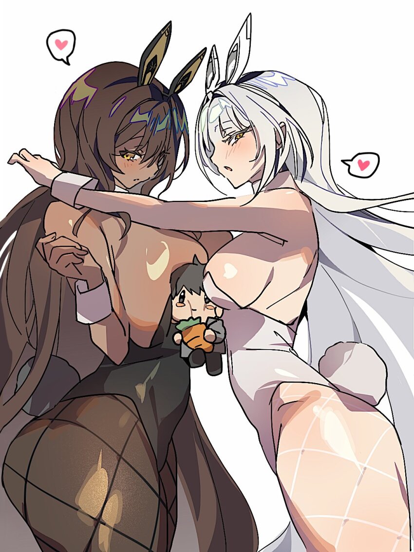 2girls animal_ears black_leotard blanc_(nikke) blush breasts brown_eyes brown_hair brown_pantyhose character_doll commander_(nikke) dark-skinned_female dark_skin detached_collar fake_animal_ears fake_tail fishnet_pantyhose fishnets goddess_of_victory:_nikke hair_intakes heart highleg highleg_leotard highres huge_breasts leotard long_hair looking_at_viewer medium_breasts mimlmi multiple_girls noir_(nikke) pantyhose playboy_bunny rabbit_ears rabbit_tail sideboob spoken_heart strapless strapless_leotard tail thighs very_long_hair white_hair white_leotard wrist_cuffs yellow_eyes