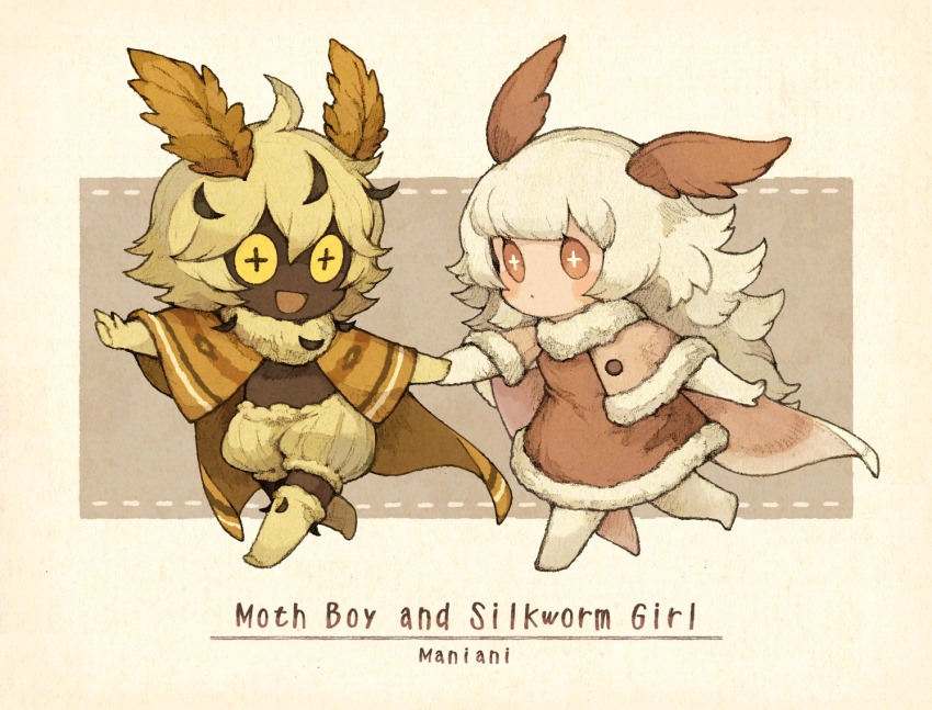 +_+ 1boy 1girl :d ahoge arthropod_boy arthropod_girl artist_name blonde_hair boots brown_cape cape closed_mouth commentary_request cross-shaped_pupils dark-skinned_male dark_skin dot_mouth dress elbow_gloves english_text full_body fur-trimmed_cape fur_boots fur_collar fur_gloves fur_trim gloves hair_between_eyes holding_hands insect_girl insect_wings knee_boots long_hair maniani moth_antennae moth_boy moth_girl moth_wings multicolored_hair no_nose open_mouth original red_dress red_eyes short_hair shorts smile standing streaked_hair symbol-shaped_pupils very_dark_skin very_long_hair walking white_boots white_gloves white_hair wings yellow_eyes yellow_gloves