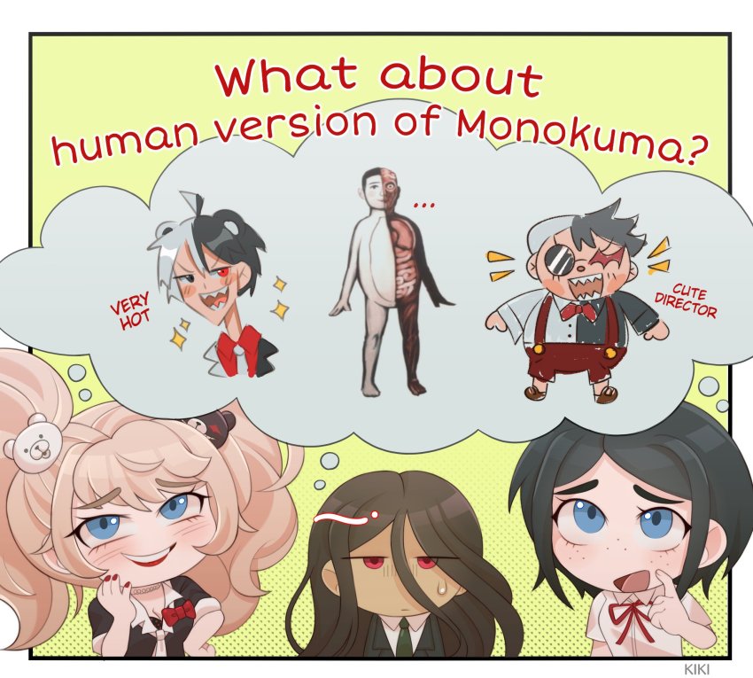 ... 1boy 2girls alternate_form anatomical_model artist_name bear_hair_ornament black_hair black_shirt blush border bow brown_hair choker danganronpa_(series) danganronpa_3_(anime) english_text enoshima_junko eyepatch freckles green_eyes grey_hair hair_ornament highres ikusaba_mukuro kiki_witch looking_up monokuma multicolored_hair multiple_girls nail_polish neck_ribbon necktie organs outside_border prototype_design red_bow red_eyes red_nails red_ribbon ribbon sharp_teeth shirt short_hair siblings sisters speech_bubble sweatdrop teeth thought_bubble twins twintails two-tone_hair white_border