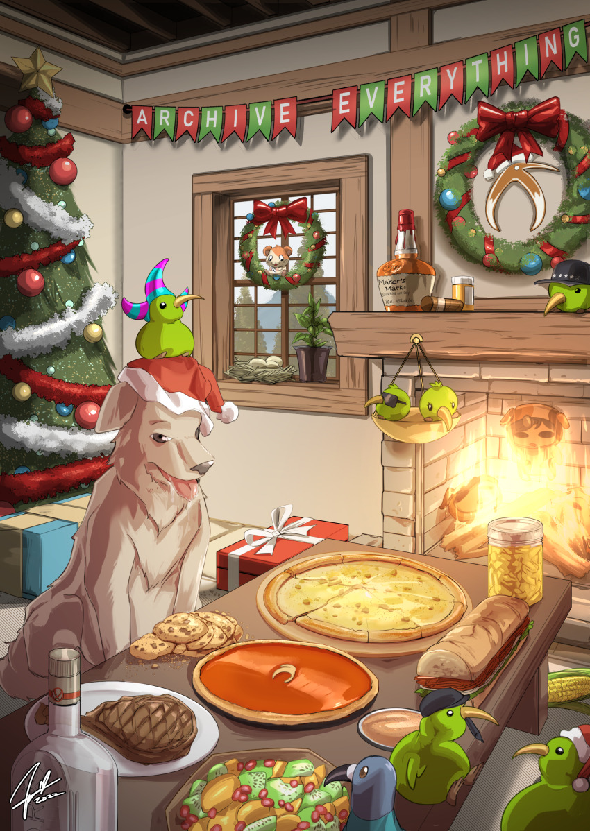 absurdres alcohol animal bird black_headwear box chimney christmas christmas_ornaments christmas_tree christmas_wreath cigar cookie corn corn_cob dog doppel_(cursed_atelier) egg fire food food_focus fruit gift gift_box hamster hamtaro hamtaro_(series) hat highres indoors jar jester_cap kiwi_(bird) kiwi_(fruit) kiwi_farms_(website) kiwi_slice lettuce makers_mark meat medicine_bottle nest pie pigeon pizza plant potted_plant salad saliva sandwich santa_hat signature steak sunglasses tinted_eyewear tongue tongue_out whiskey window wood wreath