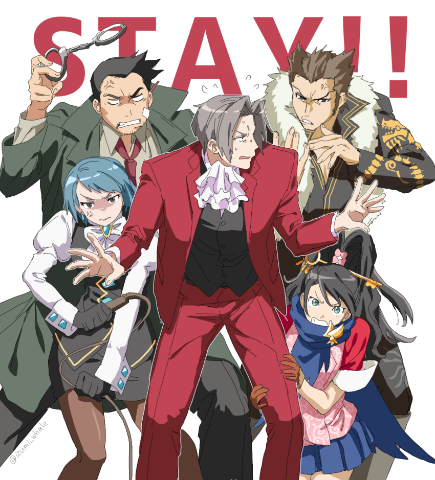 2girls 3boys ace_attorney ace_attorney_investigations anger_vein angry ascot black_gloves black_hair black_vest blue_hair blue_skirt brown_gloves brown_hair clenched_teeth coat cuffs dick_gumshoe formal_clothes franziska_von_karma fur_scarf glaring gloves green_coat green_eyes grey_hair handcuffs highres holding holding_another&#039;s_leg holding_handcuffs holding_whip izumi_whale jacket juliet_sleeves kay_faraday key_hair_ornament long_sleeves miles_edgeworth miniskirt multiple_boys multiple_girls necktie pants pantyhose parted_bangs pleated_skirt ponytail puffy_sleeves red_jacket red_necktie red_pants red_suit shi-long_lang short_hair skirt suit teeth vest white_ascot white_background
