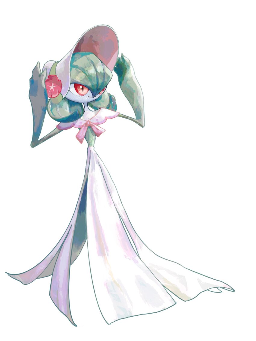 bob_cut bonnet capelet colored_skin dress flower gardevoir gardevoir_(fashionable) gen_3_pokemon green_hair green_skin hair_over_one_eye hand_on_headwear hat hat_flower highres multicolored_skin mxlaghrsuk33yws nintendo pink_eyes pokemon pokemon_(creature) pokemon_unite simple_background smile two-tone_skin white_background white_dress white_skin