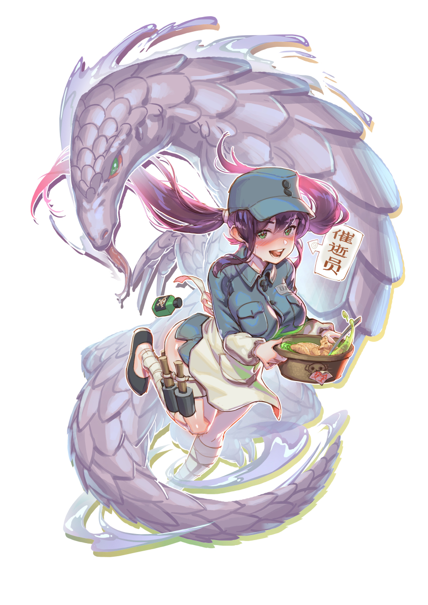 1girl absurdres apron arrow_(symbol) bandaged_leg bandages blush bottle breasts chicken_(food) chinese_text chuanshanjia_(ji_zhan_jiang_nan) circled_9 cleavage commentary_request dreadlocks explosive food foot_up genderswap genderswap_(mtf) green_eyes hat heart heart_in_eye highres ji_zhan_jiang_nan ladle large_breasts long_hair making-of_available meme military military_uniform name_connection name_tag open_mouth pangolin partially_translated poison pot purple_hair shoes skull_and_crossbones sweat symbol_in_eye teeth tongue translation_request twintails xiao_duzi