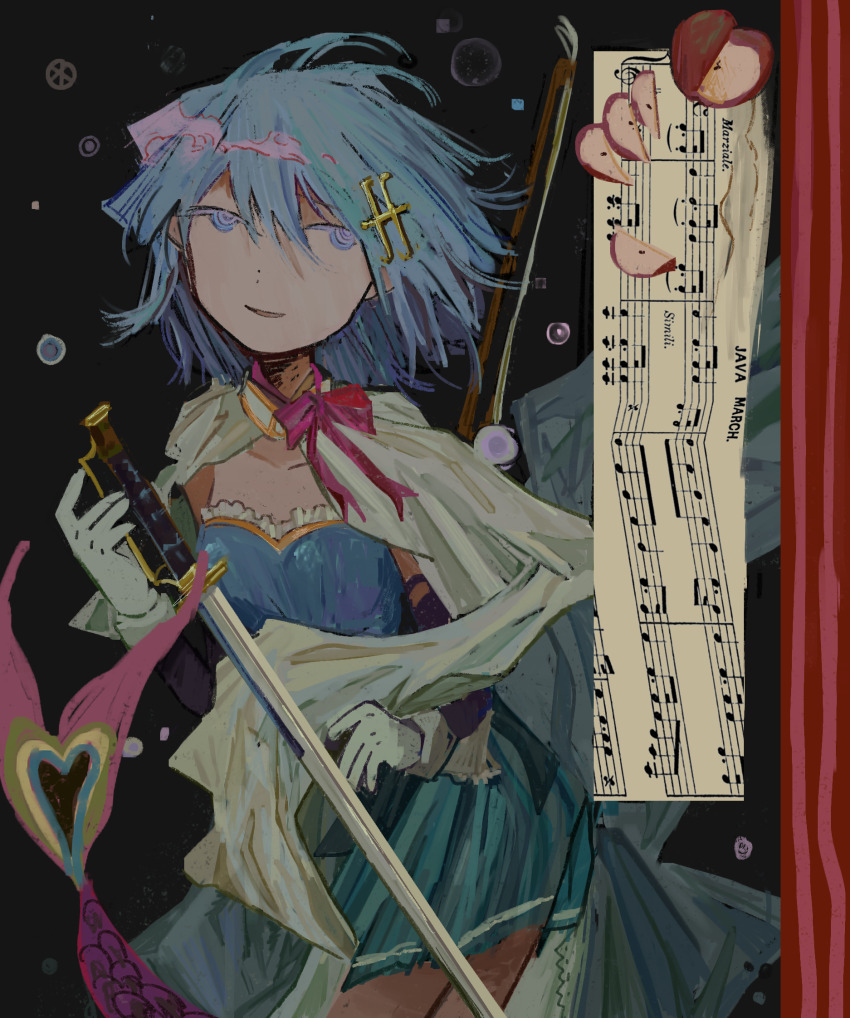 1girl bananpam cape fortissimo hair_ornament highres holding holding_sword holding_weapon looking_at_viewer magical_girl mahou_shoujo_madoka_magica medium_hair miki_sayaka miki_sayaka_(magical_girl) musical_note musical_note_hair_ornament oktavia_von_seckendorff saber_(weapon) solo sword weapon white_cape