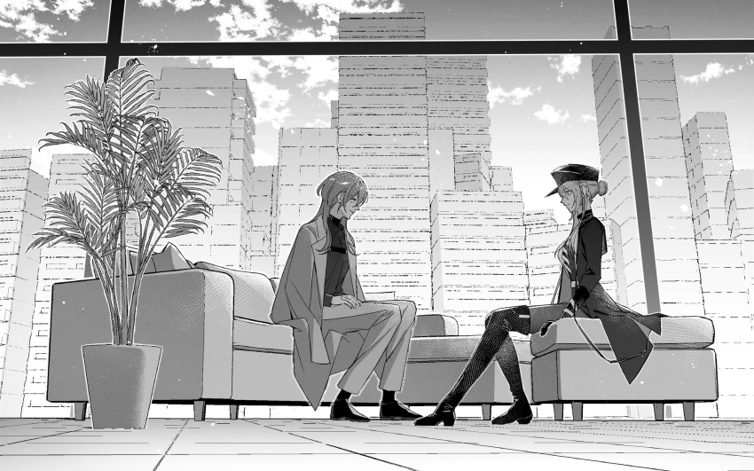 2girls belt boots braid chest_belt chief_(path_to_nowhere) city closed_mouth cloud coat coat_on_shoulders collared_coat collared_shirt commentary_request couch day dress_pants dress_shoes eye_contact face-to-face female_chief_(path_to_nowhere) full_body gloves greyscale hair_bun hand_on_thighs happy hat high_collar high_heel_boots high_heels highres indoors lapels light_particles living_room long_hair long_sleeves looking_at_another military_hat military_uniform miniskirt monochrome multiple_girls nightingale_(path_to_nowhere) notched_lapels on_chair on_couch open_clothes open_coat palm_leaf pantyhose path_to_nowhere peaked_cap plant pointy_nose potted_plant shirt short_hair_with_long_locks side_braids sidelocks single_hair_bun sitting skirt sky smile socks thigh_boots tile_floor tiles toho10min turtleneck turtleneck_shirt undershirt updo window