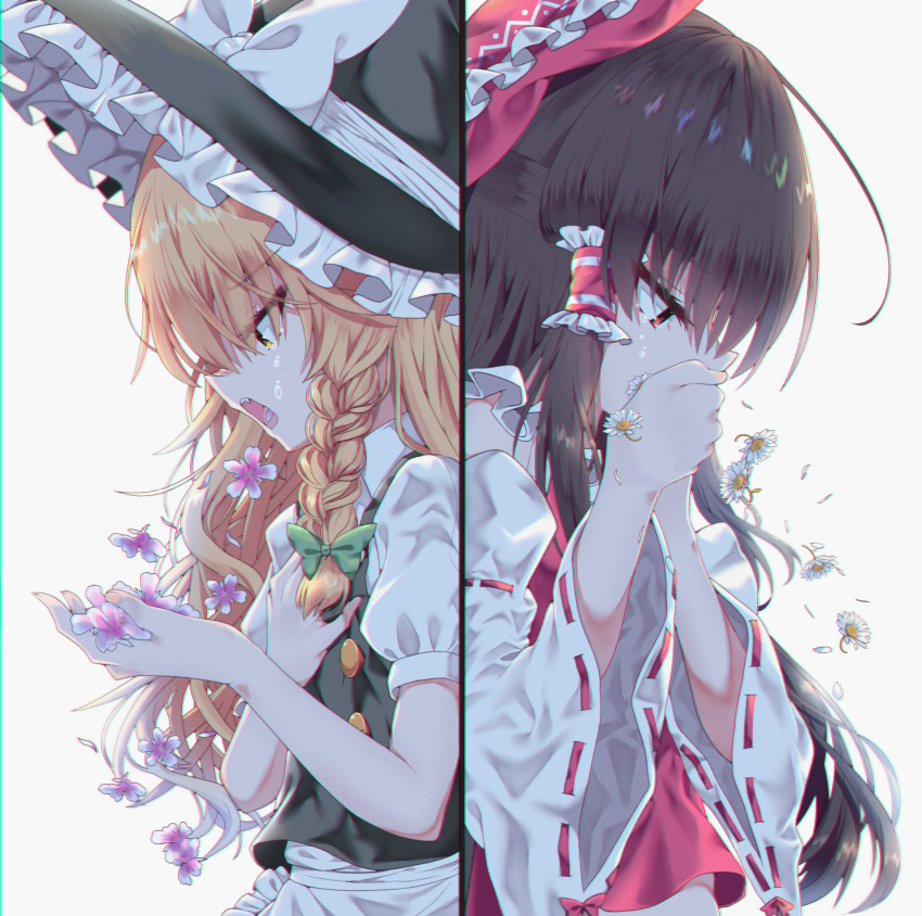 2girls apron arms_up black_hair black_headwear black_vest blonde_hair braid commentary_request coughing_flowers covering_own_mouth daisy detached_sleeves flower from_side hair_ribbon hair_tubes hakurei_reimu hand_on_own_chest hat hat_ribbon highres holding holding_flower kirisame_marisa long_hair looking_down midriff_peek multiple_girls open_mouth puffy_short_sleeves puffy_sleeves rankasei red_eyes red_vest ribbon ribbon-trimmed_sleeves ribbon_trim shirt short_sleeves sidelocks single_braid split_screen standing tears touhou upper_body very_long_hair vest violet_(flower) waist_apron white_background white_shirt witch_hat yellow_eyes