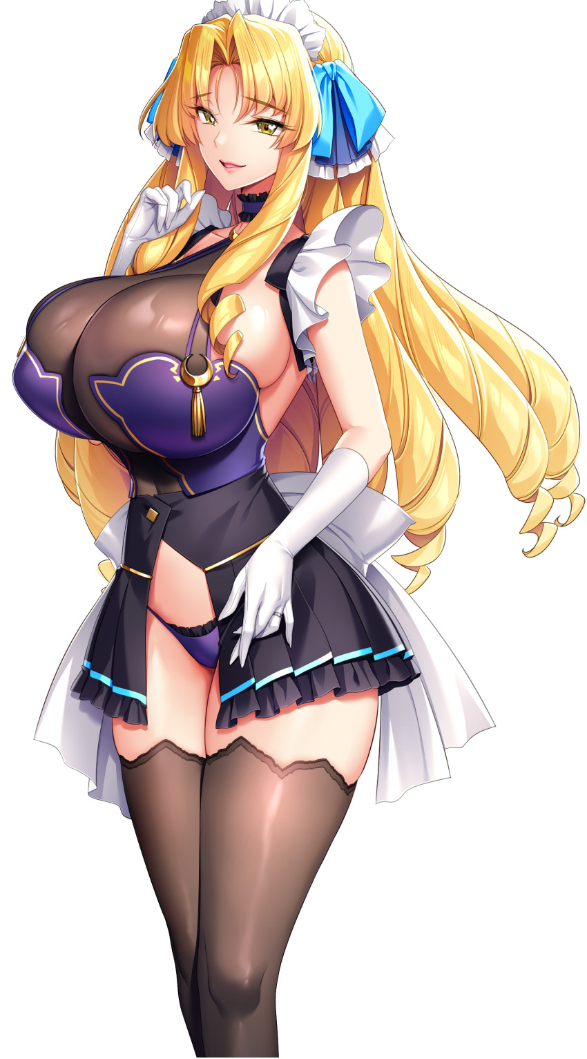1girl absurdres akagi_rio back_bow black_skirt black_thighhighs blue_ribbon bow breasts choker cleavage crescent_print drill_hair drill_sidelocks frilled_choker frills game_cg gloves hair_ribbon half-skirt highres huge_breasts jewelry laurecia_le_blanchette long_hair long_sidelocks looking_at_viewer maid maid_headdress milk_factory motto!_haramase!_honoo_no_oppai_isekai_oppai_maid_gakuen! non-web_source official_art open_mouth panties pleated_skirt purple_panties purple_shirt ribbon ring see-through_clothes see-through_shirt shirt sidelocks skindentation skirt smile solo thighhighs transparent_background unconventional_maid underwear wedding_ring white_bow white_gloves yellow_eyes