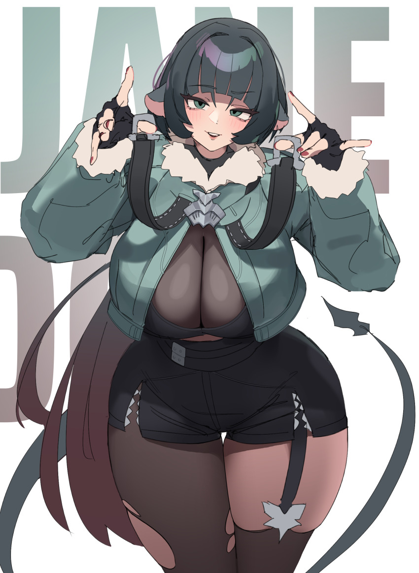 1girl absurdres black_gloves black_pantyhose black_shorts blunt_bangs breasts cowboy_shot fingernails fur-trimmed_jacket fur_trim gloves green_eyes green_hair green_jacket gya_rb highres huge_breasts jacket jane_doe_(zenless_zone_zero) long_hair looking_at_viewer multicolored_hair nail_polish pantyhose red_hair red_nails shorts sidelocks simple_background smile solo thighs zenless_zone_zero