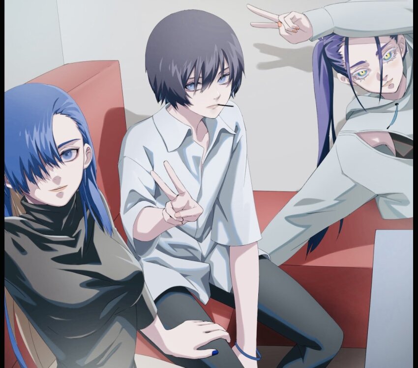 3girls ado_(utaite) alternate_hair_length alternate_hairstyle black_hair black_pants black_sweater blue_eyes blue_hair blue_nails bracelet breasts bright_pupils chando_(ado) collared_shirt colored_inner_hair commentary_request egoist_tosummer grey_hoodie hair_between_eyes hair_over_one_eye hand_on_another&#039;s_leg hood hood_down hoodie jewelry long_hair long_hair_between_eyes looking_at_viewer medium_breasts merry_(ado) mouth_hold multicolored_hair multiple_girls nail_polish odo-chan_(ado) odo_(song) orange_nails pants purple_hair readymade_(ado) shirt short_hair sitting three-quarter_sleeves sweater twintails utaite v white_shirt yellow_pupils