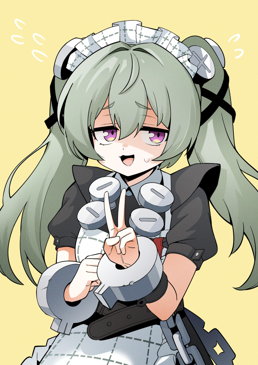 1girl absurdres black_dress black_ribbon chain corin_wickes dress flying_sweatdrops golmonggu green_hair hair_between_eyes hair_ribbon highres long_hair looking_at_viewer maid maid_headdress open_mouth puffy_sleeves purple_eyes ribbon screw_hair_ornament short_sleeves sidelocks simple_background solo twintails upper_body v yellow_background zenless_zone_zero