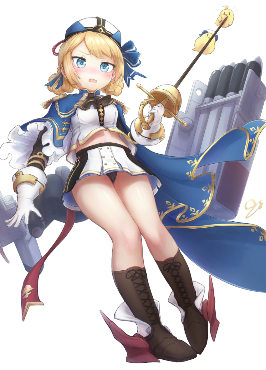 1girl absurdres azur_lane bird black_panties blonde_hair blue_eyes boots cape chick eicam epaulettes female_focus full_body gloves hardy_(azur_lane) hat highres holding holding_weapon looking_at_viewer midriff military military_uniform open_mouth panties rapier ribbon simple_background solo sword thighs torpedo_tubes underwear weapon white_background
