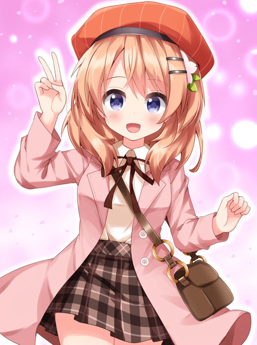 1girl :d arm_up bag blush brown_bag brown_skirt coat collared_shirt commentary_request cowboy_shot gochuumon_wa_usagi_desu_ka? hair_ornament hairclip hat highres hoto_cocoa long_sleeves looking_at_viewer medium_hair neck_ribbon open_clothes open_coat open_mouth orange_hair pink_coat plaid_clothes plaid_skirt pleated_skirt red_hat red_ribbon ribbon ruu_(tksymkw) shirt shoulder_bag skirt smile solo v white_shirt