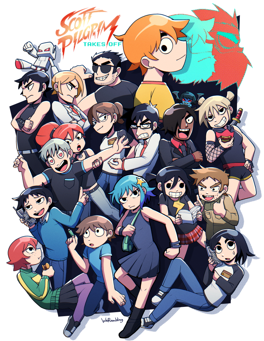6+boys 6+girls absurdres black_eyes blonde_hair blue_hair brothers brown_hair commentary_request dark-skinned_male dark_skin demon_hipster_chicks dress envy_adams even_older_scott everyone freckles future_scott_pilgrim gideon_graves hair_ornament highres implied_yaoi julie_powers ken_katayanagi kim_pine knives_chau kyle_katayanagi league_of_evil_exes long_hair lucas_lee matthew_patel multiple_boys multiple_girls neil_nordegraf official_style ponytail ramona_flowers red_hair robot robot-01 roxie_richter scott_pilgrim scott_pilgrim_(series) scott_pilgrim_takes_off short_hair short_ponytail short_twintails siblings simple_background solid_circle_eyes stacey_pilgrim star_(symbol) star_hair_ornament stephen_stills todd_ingram twins twintails very_dark_skin wallace_wells warambling white_background