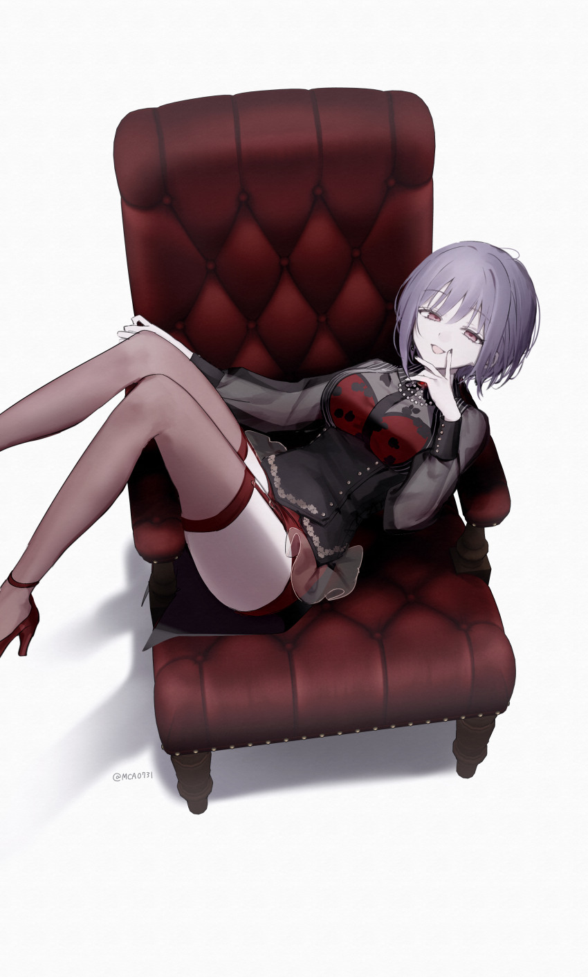 1girl absurdres armchair artist_name bang_dream! bang_dream!_it&#039;s_mygo!!!!! black_dress black_nails breasts chair commentary dress earrings hand_on_own_chin hand_up high_heels highres jewelry kumo_tabetai large_breasts long_sleeves looking_at_viewer medium_hair nail_polish on_chair open_mouth purple_hair red_eyes red_garter_belt red_garter_straps red_shoes red_thighhighs see-through_clothes see-through_sleeves shoes simple_background sitting smile solo thighhighs thighs white_background yuutenji_nyamu