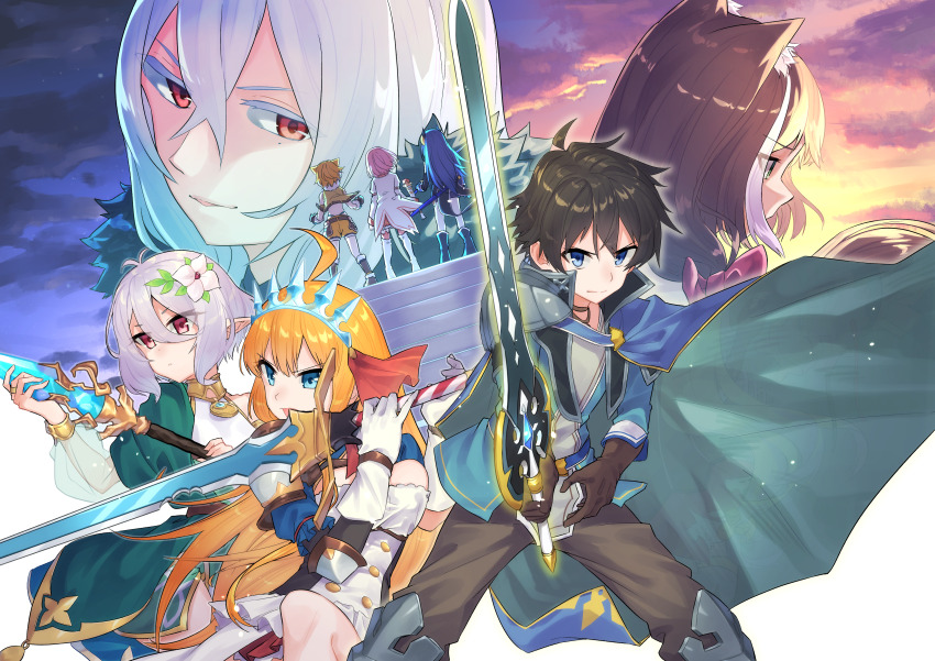 1boy 6+girls absurdres ahoge animal_ear_fluff animal_ears armored_boots black_hair blue_eyes boots cape closed_mouth cloud flower gloves grey_hair hair_between_eyes hair_flower hair_ornament highres hiyori_(princess_connect!) holding holding_staff holding_sword holding_weapon karyl_(princess_connect!) kokkoro_(princess_connect!) long_hair multicolored_hair multiple_girls orange_eyes pants pecorine_(princess_connect!) pointy_ears princess_connect! rei_(princess_connect!) senri_mana sho_bu_1116 short_hair sky staff standing streaked_hair sword weapon yui_(princess_connect!) yuuki_(princess_connect!)
