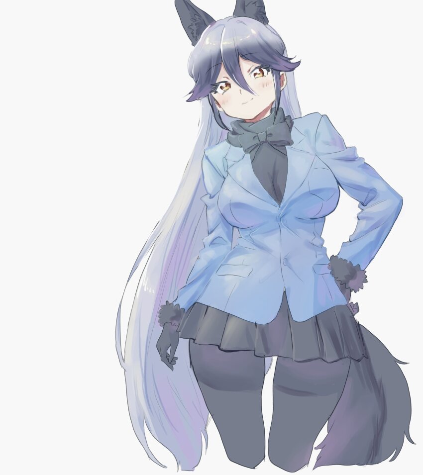 1girl animal_ears black_bow black_bowtie black_gloves black_hair black_pantyhose blush bow bowtie breasts cleavage extra_ears fox_ears fox_girl fox_tail fur-trimmed_sleeves fur_trim gloves grey_hair hair_between_eyes highres houkokukokui jacket kemono_friends kemono_friends_3 large_breasts long_hair long_sleeves looking_at_viewer multicolored_hair pantyhose silver_fox_(kemono_friends) skirt tail