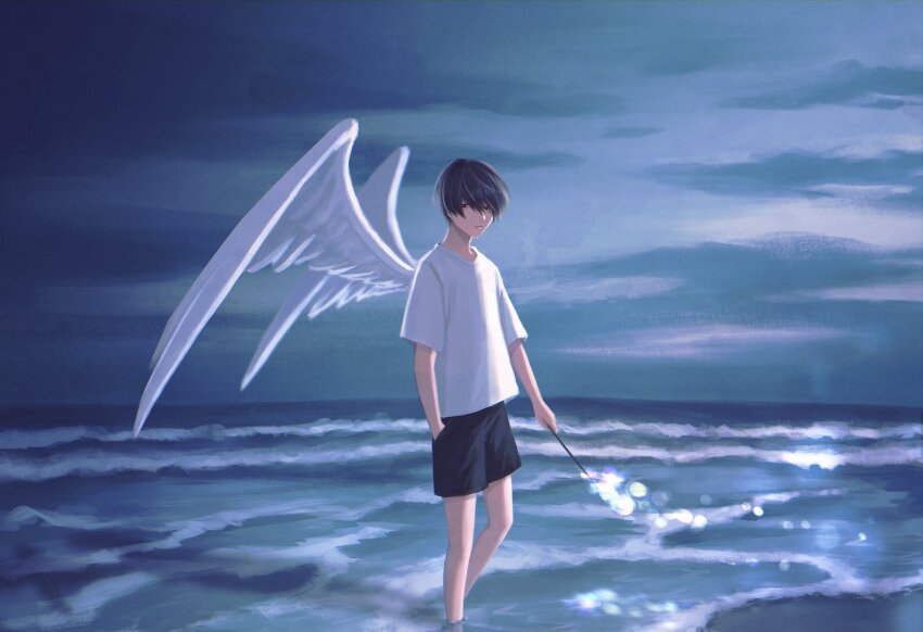 1boy black_eyes black_hair black_shorts cloud cloudy_sky commentary_request feathered_wings feet_out_of_frame grey_sky hand_in_pocket highres holding holding_wand in_water looking_at_viewer male_focus moxamog ocean original parted_lips shadow shirt short_hair shorts sky solo standing standing_on_one_leg wand white_shirt white_wings wings