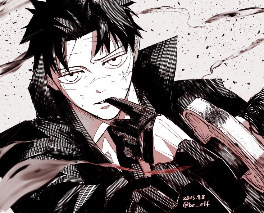 1boy be_elf coat collared_shirt dated glove_in_mouth gloves greyscale highres holding holding_sheath holding_sword holding_weapon kagurabachi katana long_sleeves looking_at_viewer male_focus monochrome mouth_hold necktie rokuhira_chihiro scar scar_on_face sheath sheathed shirt short_hair smoke solo sword twitter_username weapon
