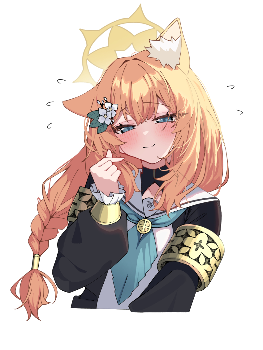 1girl absurdres animal_ear_fluff animal_ears black_coat blue_archive blue_eyes blue_ribbon blush braid cat_ears cat_girl closed_mouth coat dress flower hair_between_eyes hair_flower hair_ornament highres long_hair looking_at_viewer mari_(blue_archive) orange_hair ribbon sailor_collar sidelocks single_braid smile solo upper_body warabi_mochi_(w4rabimochi) white_dress white_flower white_sailor_collar