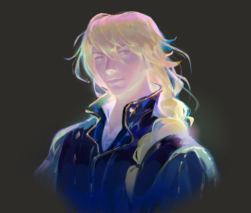 1boy absurdres black_background blonde_hair blue_jacket braid collared_shirt commentary cropped_torso delaneyjanuzzi english_commentary gold_trim hair_between_eyes highres jacket long_braid long_hair looking_to_the_side male_focus popped_collar roland_glenbrook shirt sideways_glance single_braid solo triangle_strategy very_long_hair white_shirt yellow_eyes