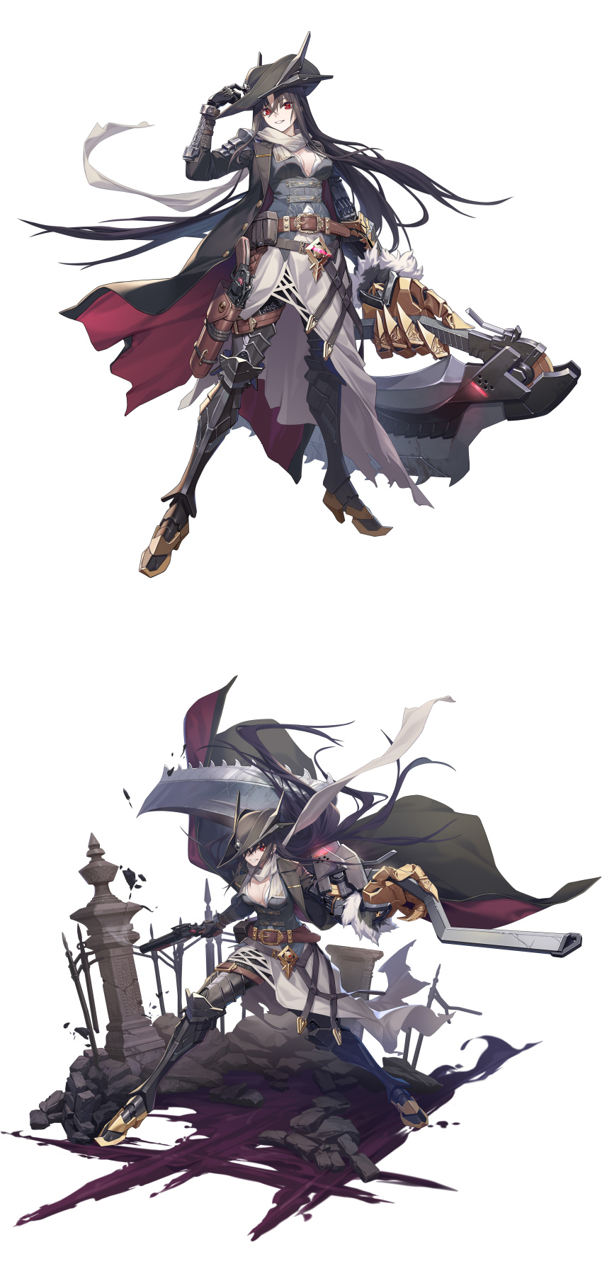 1girl absurdres adjusting_clothes adjusting_headwear antique_firearm armor armored_boots belt black_armor black_boots black_coat black_gloves black_hair black_hat boots breasts brown_belt chainmail cleavage coat crack debris dual_wielding executioner_(blood_fiend_huntress)_(girls&#039;_frontline) executioner_(girls&#039;_frontline) fence firearm firelock flintlock full_body fur_cuffs girls&#039;_frontline gloves grey_vest grin gun hair_between_eyes hat hat_over_one_eye headgear highres holding holding_gun holding_sword holding_weapon holster holstered iron_fence large_breasts legs_apart long_hair long_sleeves looking_at_viewer mechanical_arms multiple_views official_alternate_costume official_art pouch red_coat red_eyes rubble sangvis_ferri saw saw_cleaver scarf shoulder_armor simple_background single_mechanical_arm single_wrist_cuff smile solo standing sword tachi-e tricorne two-sided_coat two-sided_fabric very_long_hair vest weapon white_background white_scarf wrist_cuffs yitiao_er-hua